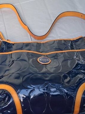 Coach Navy Patent Leather Shoulder Bag with Tan Trim